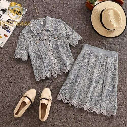 Summer Office Lady Lace Two Piece Set Women Floral Crochet Summer Blouse + High Waist Mini Skirts Set Sweet Shirts Suit Elegant