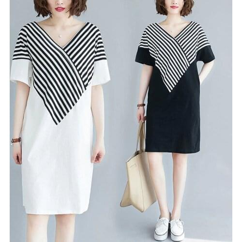 Plus Size Summer Dresses Women Elegant V-Neck Striped Dress Fashion Lady Leisure Style Famle Party Dresses