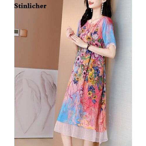 Women summer silk dress vintage plus size loose casual retro flower dress ladies elegant long midi dress robe