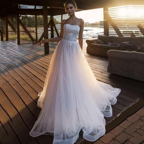 Eightree Cheap Wedding Dress 2021 Lace Bride Dresses A Line Strapless Beach Wedding Gowns Belt Women Vestido de Noiva Plus Size