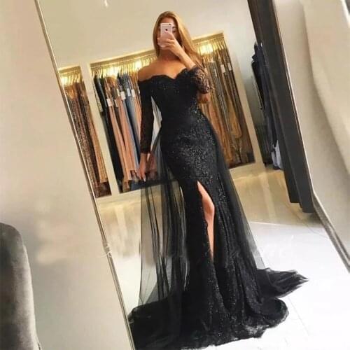 Sexy Off the Shoulder 2021 Evening Party Dress 3/4 Sleeves Lace Mermaid Prom Gown With HIgh Split Custom Made Robe De Soirée