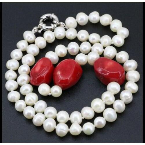 9mm bright white pearl red coral beads mix necklace natural Freshwater PEARL Women Jewelry 35cm 43cm 15'' 17