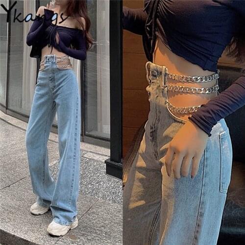 2020 Sexy Link Chain Boyfriend Jeans Women Hip Hop Hollow Out High Waisted Jeans Femme Denim Loose Ladies Pants Vintage trousers