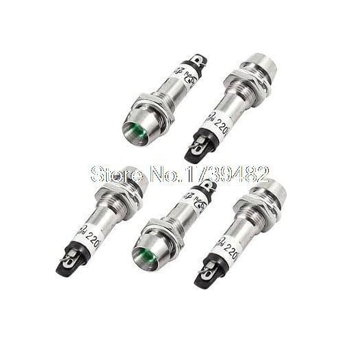 AC 220V 2 Terminals 8mm Threaded Green LED Light Signal Indicator Lamp 5 Pcs