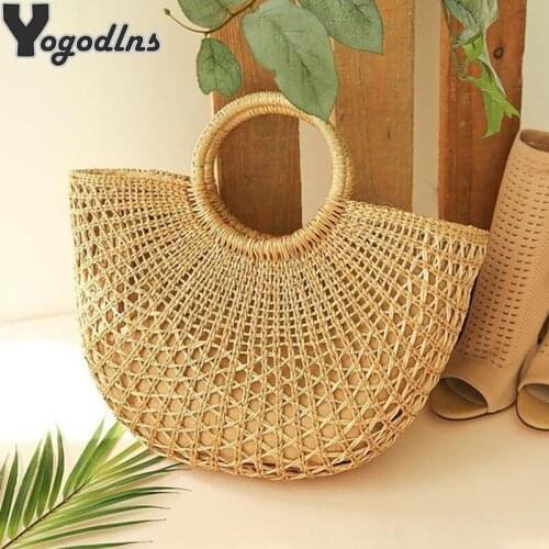 New Straw Bag Women Hand-Woven Hollow Handbag Moon Shape Rattan Bag Big Capacity Drawstring Handbag Casual Travel Beach Bag