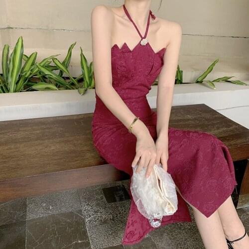 Beaded Lotus Design Retro Wine Red Halter Neck Jacquard High Waist Dress Elegant Side Split Party Suspender Long Dress Plus Size