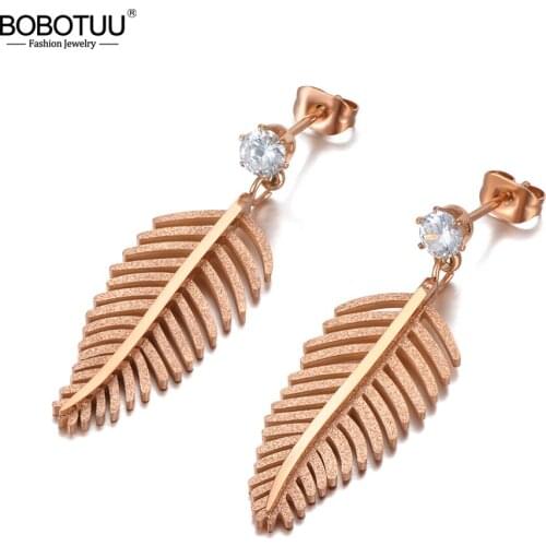 BOBOTUU Office Style Frosted Leaves Plant Earrings Stainless Steel Trendy CZ Crystal Earrings Jewelry For Women Girls BE20111