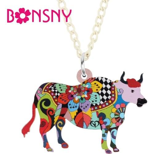 BONSNY Acrylic Sweet Floral Bull Cattle Necklace Pendant Long Fashion Novelty Chain Jewelry For Women Girls Teens Gifts