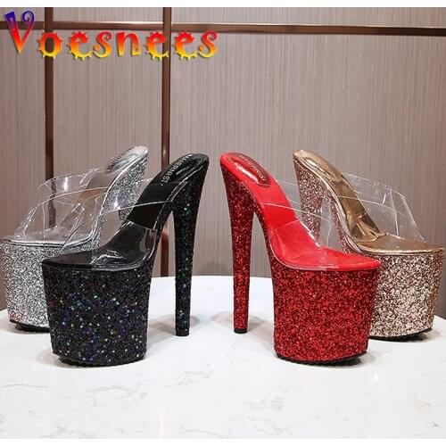 Fashion New Bling Women Shoes Transparent Thin Heels Slipper 20CM Super High Heels Sexy Platform Sandals Girl Show Catwalk Shoes