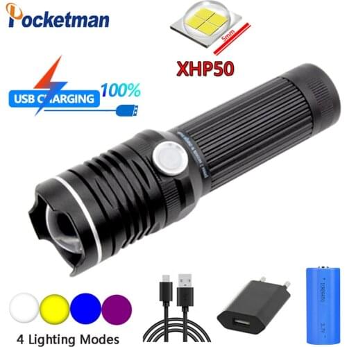 Four-Light Source LED Outdoor P50 Glare Flashlight Telescopic Zoom Torch Multi-function Lamp Long-Range Lantern Use 18650/26650