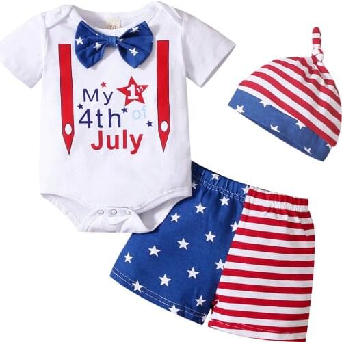 Baby Independence Day Clothes Set Boys Letter Print Short Sleeve O-neck Romper+Striped Short Pants+Hat