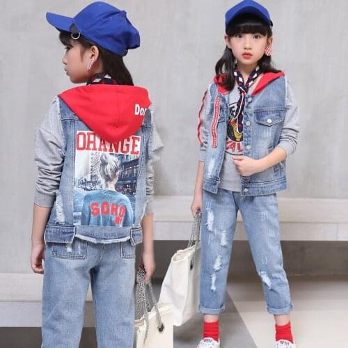Children Sets For Boy 2019 New Casual Denim Clothing Suits Vest+T-shirt+Pants Big Girls Autumn Hooded Suit For 3 to 12 Years Old
