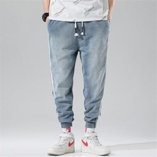 New Mens Harem Jeans Trousers Fashion Loose Casual Male Multi Pockets Ripped Patchwork Drawstring Banded Denim Pants 2020