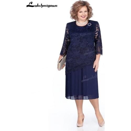 Elegant Tea-Length Mother Of The Bride Dresses 2021 With Accordion Pleats Plus Size Jewel Neck Beaded Wedding Guest Gown