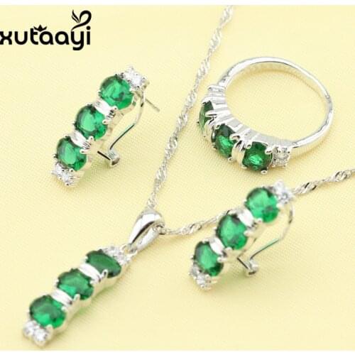 Hot-selling Green Stones White CZ Fashion Silver Jewelry Sets Glittering Necklace Rings Earrings Christmas Gift For Women