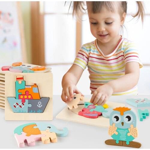 Creative Wooden Animal Plane Boat Jigsaw Puzzle Block Early Educational Children Interactive Game Toy