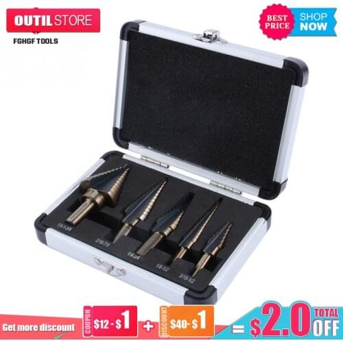 FGHGF 5pcs Cobalt Hss Cone Step Stepped Wood Drill Center Bits Hole Cutter Tool Bit Set With Aluminum Box Hot Tools