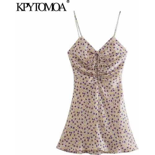 KPYTOMOA Women 2021 Fashion With Ties Floral Print MIni Dress Vintage Backless Side Zipper Thin Straps Female Dresses Mujer