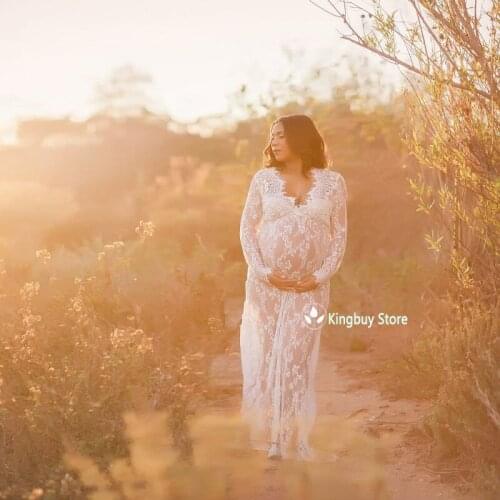 Plus Size Pregnant Women Clothes Pregnancy Dress for Photo Shoot Maternity Photography Props Sexy V Neck Lace Maxi Gown Dress