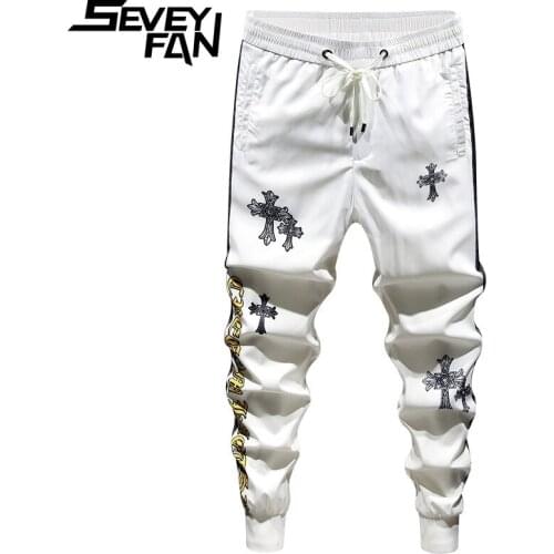 SEVEYFAN 2021 Mens Hip Hop Silk Joggers Trousers Fashion Corss Printed Pencil Trousers for Male