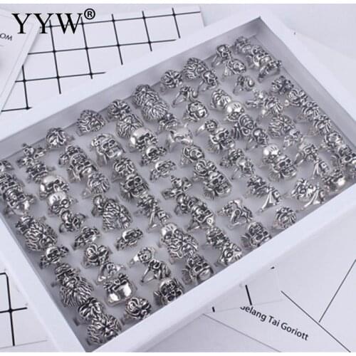 100pcs/Box Top-Quality Gothic Punk Assorted Skull Style Bikers MenS Vintage Rings For Mens Womens Wholesale Jewelry Lots