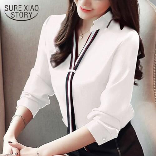 Fashion Korean Clothing 2021 Spring Red White Long Sleeve Shirts For Women Tops Spliced Solid V-Neck Tie OL Blusas Mujer 6469 50