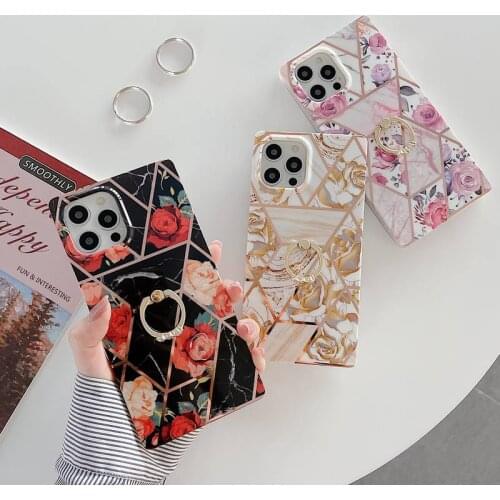 Square Plated Flower Shockproof Rubber IMD Back Phone Case Cover Ring Holder For iPhone 7 8 Plus 11 12 Pro Max X XR XS Max