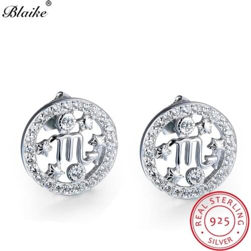 Blaike Unique Scorpio White Zircon Circle Constellation Stud Earrings For Women 100% Real 925 Sterling Silver Birthstone Earring