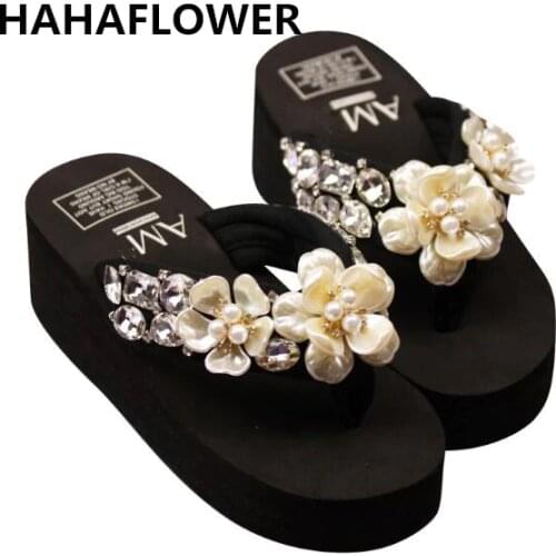 HAHAFLOWER Pearls Flowers women Wedge slippers summer womens Diamonds slippers summer 2018 beach slipper summer party shoes