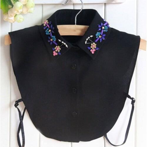 Women Autumn Chiffon Detachable Fake Collar Colorful Faux Diamond Crystal Floral Lapel Half Blose Decorative False Shirt