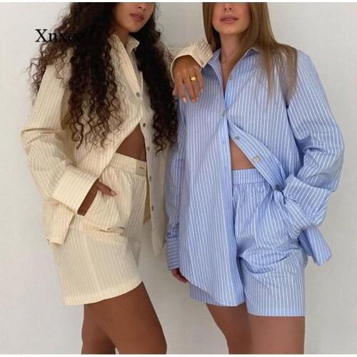 2021 Summer Womens Long Sleeve Striped Shirt Shorts Casual Wear Set High Waist Loose Shorts 2 Piece Set