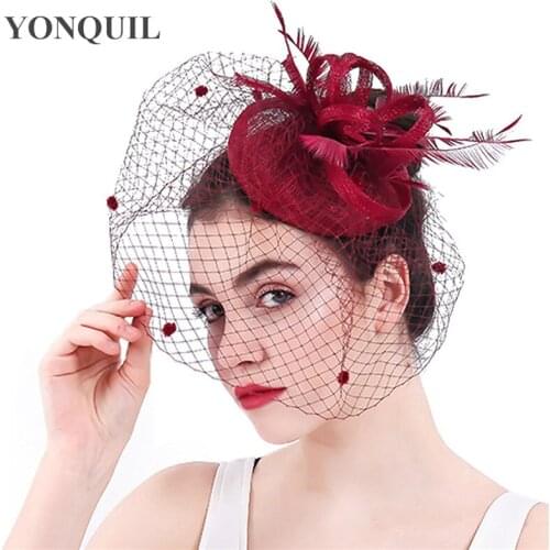 Women Formal Dress Mesh Marron Fascinator Hat Elegant Millinery Cap Sinamay Elegant Veil Hat Wedding Hair Accessories SYF314