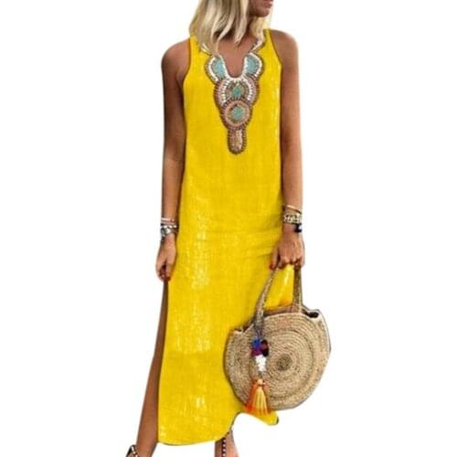 Plus Size Summer Women Dress Bohemian Vintage Paisley Print V Neck Sleeveless Split Maxi Linen Loose Kaftan Dresses