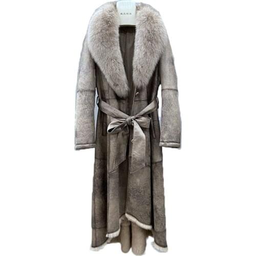 Women’s Winter Long Coat With Big Fox Fur Collar Genuine Rabbit Leather And Fur Liner Whole Leather Female Clothing Slim Outwear
