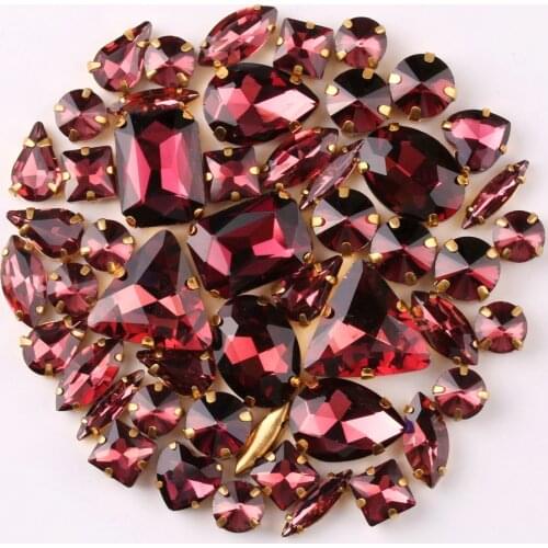 Gold claw setting 50pcs/bag shapes mix Wine red glass crystal sew on rhinestone wedding dress shoes bags diy trim
