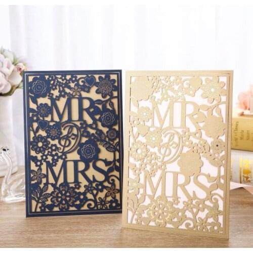 1pcs Sample Gold Blue Laser Cut Wedding Invitations Card MR&MRS Elegant Greeting Cards Envelopes Wedding Party Favors Decoration