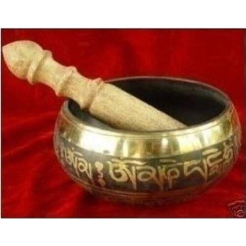 86mm Collectibles oriental old Rare Superb Superb Tibetan OM Ring Gong YOGA Singing Bowl Antique Garden Silver Brass