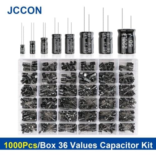 1000pcs 36 Values Aluminum Electrolytic Capacitor Assortment Box Kit 0.1uF 16V-50V 0.1uF-1000uF Capacitors 4.7uF 10uF 22uF 33uF