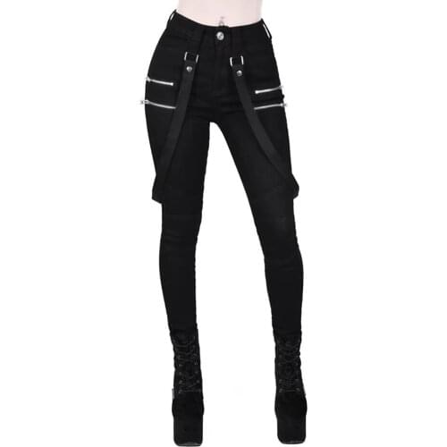 Women Gothic Pencil Pants Trousers Belt Zipper Ladies Streetwear Long Pants Solid Black Hip Hop Long Trousers D30