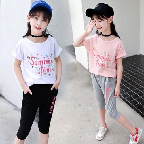 Childrens Summer Girls Short Sleeved T Shirt+ Haren Pants Sports Suit for Girls Sets 2-8 Ages Girl Kids Clothing Soft Cotton