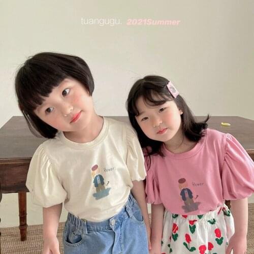 Girl Child Summer Short Sleeve 2021 New Cute Print Bubble Sleeve Korean Digital Printed T-shirt