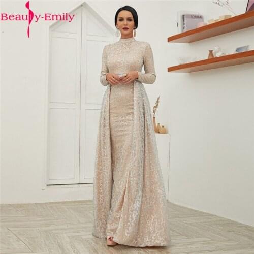 Elegant Silver Lace A Line Evening Dress with Long Sleeve High Neck Sequined Celebrity Carpet Dress Long Formal Party Dress