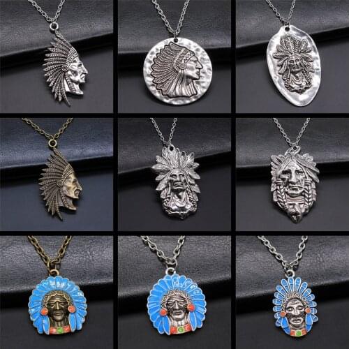 Indian Tribal Chief Pendant Necklace For Women Men Ethnic Jewelry Necklace Gift Long Chain Metal Chain Necklace Jewelry