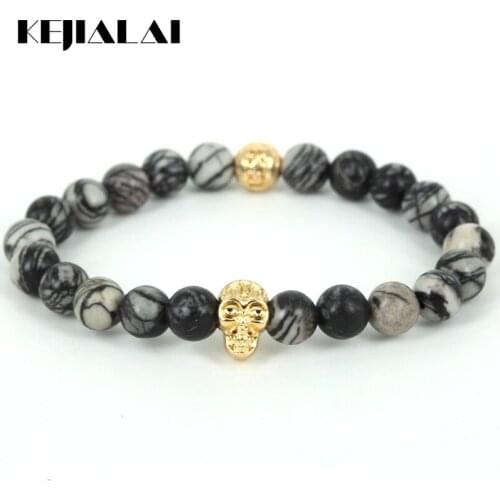 KEJIALAI Natural Web Stone Beads Skull Bracelets 2020 Bracciali Pulseras Men Jewelry 24K Lion Head Bracelet M12