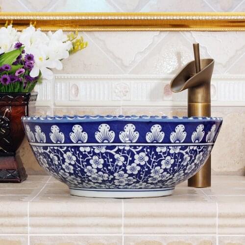 Chinese Artistic Ceramic wash basin Oval art Coutertop Bathroom Sink ceramic Wash Basin blue and white