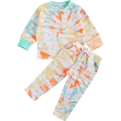 Little Boy Girl Tie-dyed Clothes Set, 2-piece Children Warm Clothing, Long Sleeve Crew Neck Top, Long Pants Suits Spring Autumn