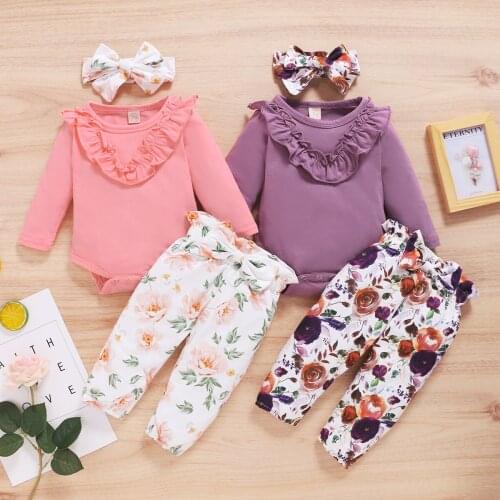 Infant Newborn Girls Suit Solid Ruffle Long Sleeve Tops Flower Printing Long Pants with Bowknot Hair Band Baby 3-piece Sets