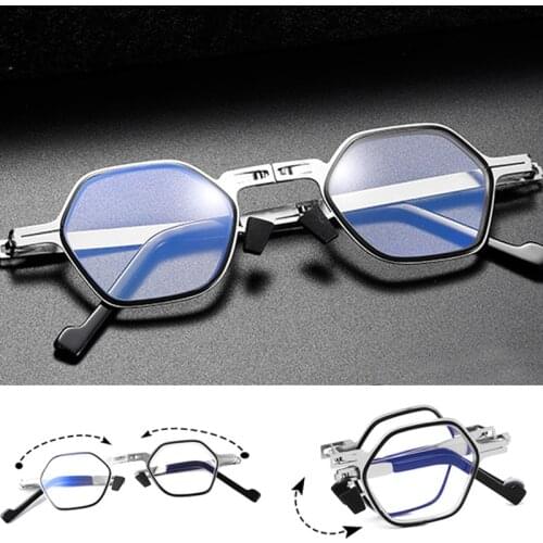 Fashionable Mini Folding Reading Glasses Men Women Anti-blue Light Presbyopic Glasses Foldable Hexagon Full Metal Frame