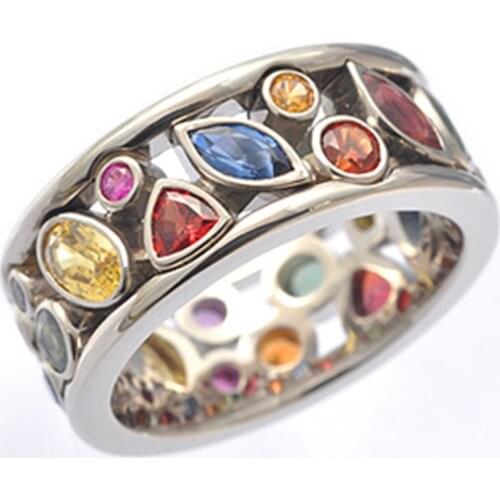 Trendy Female Rainbow Crystal Stone Ring Classic Silver Color Wedding Rings For Women Dainty Geometry Zircon Engagement Ring