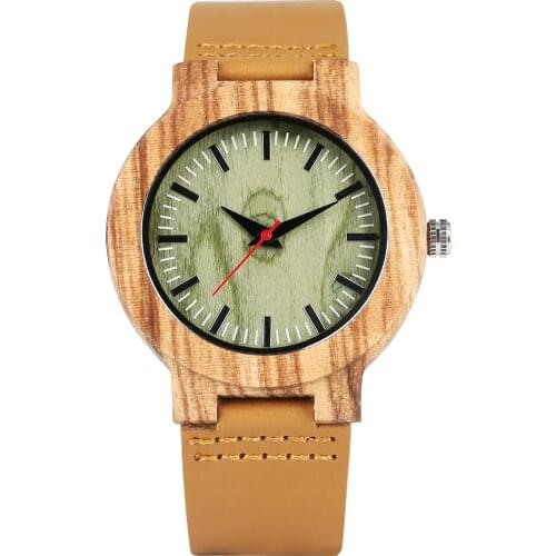 Mens Nature Wooden Quartz Watch Green Case Watches Genuine Leather Strap Bamboo Wristwatch for men women